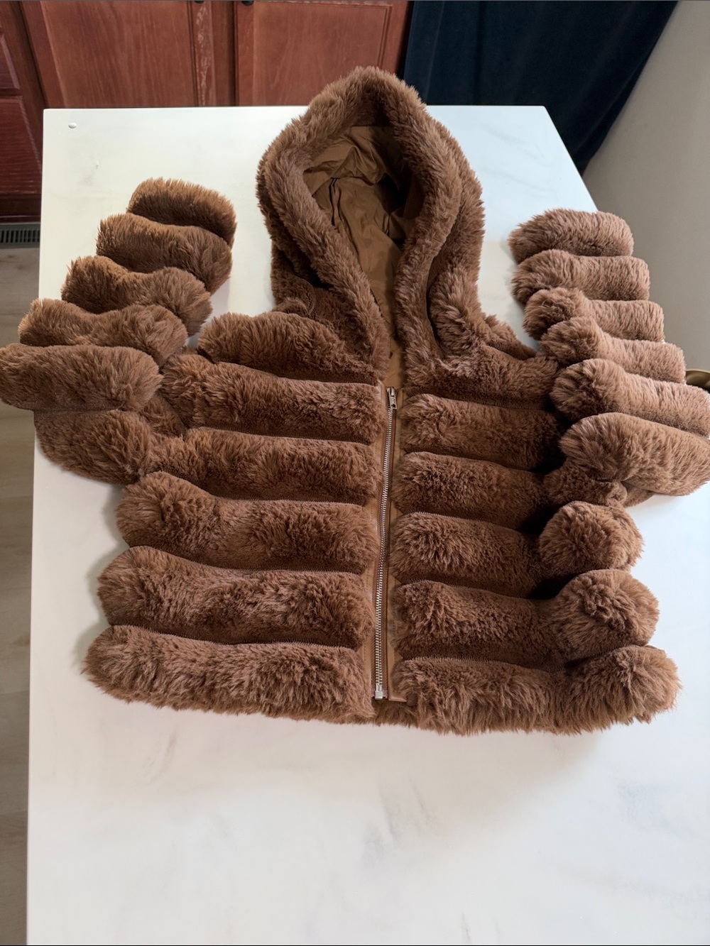Women Brown Faux Fur Hooded Jacket